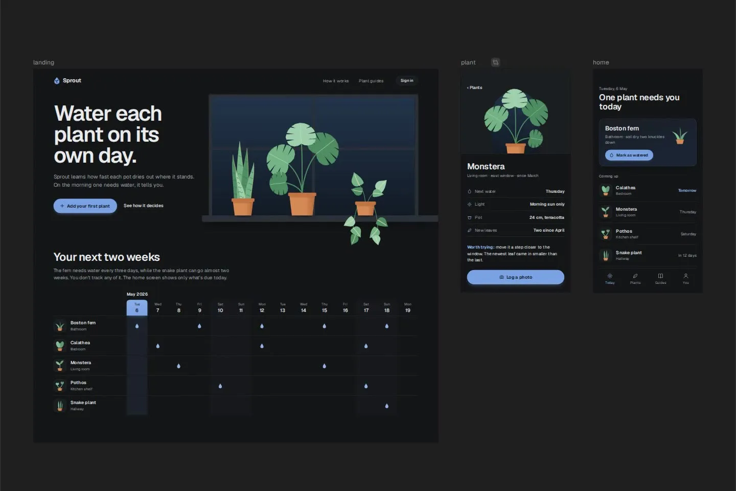 The landing, plant, and home frames shown in dark
